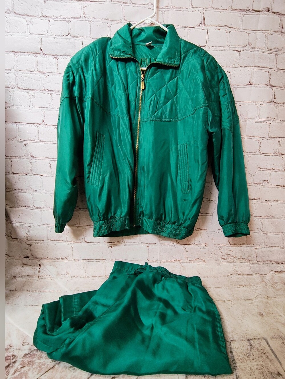 Vintage Silk Green Quilted Bomber Track Suit Fuda International M